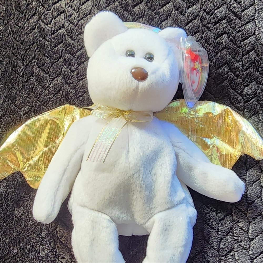 TY Beanie Baby Halo 2 White Plush Angel Bear with Gold Wings Euc